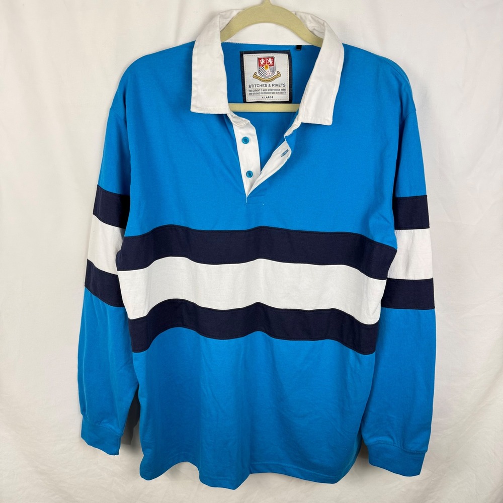 Stitches & Rivets Blue White Long Sleeve Rugby Polo XL Preppy Y2K Baggy Long